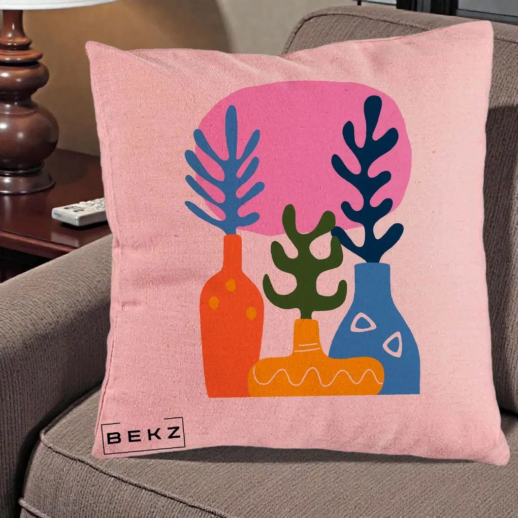 Perna Decorativa Vaze Botanice Abstract, 40x40 cm, Roz, Husa Detasabila, Perna Inclusa, BEKZ®