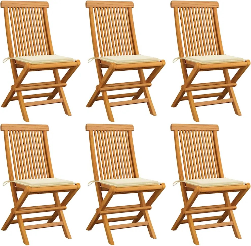 vidaXL Scaune de grădină cu perne crem, 6 buc., lemn masiv de tec