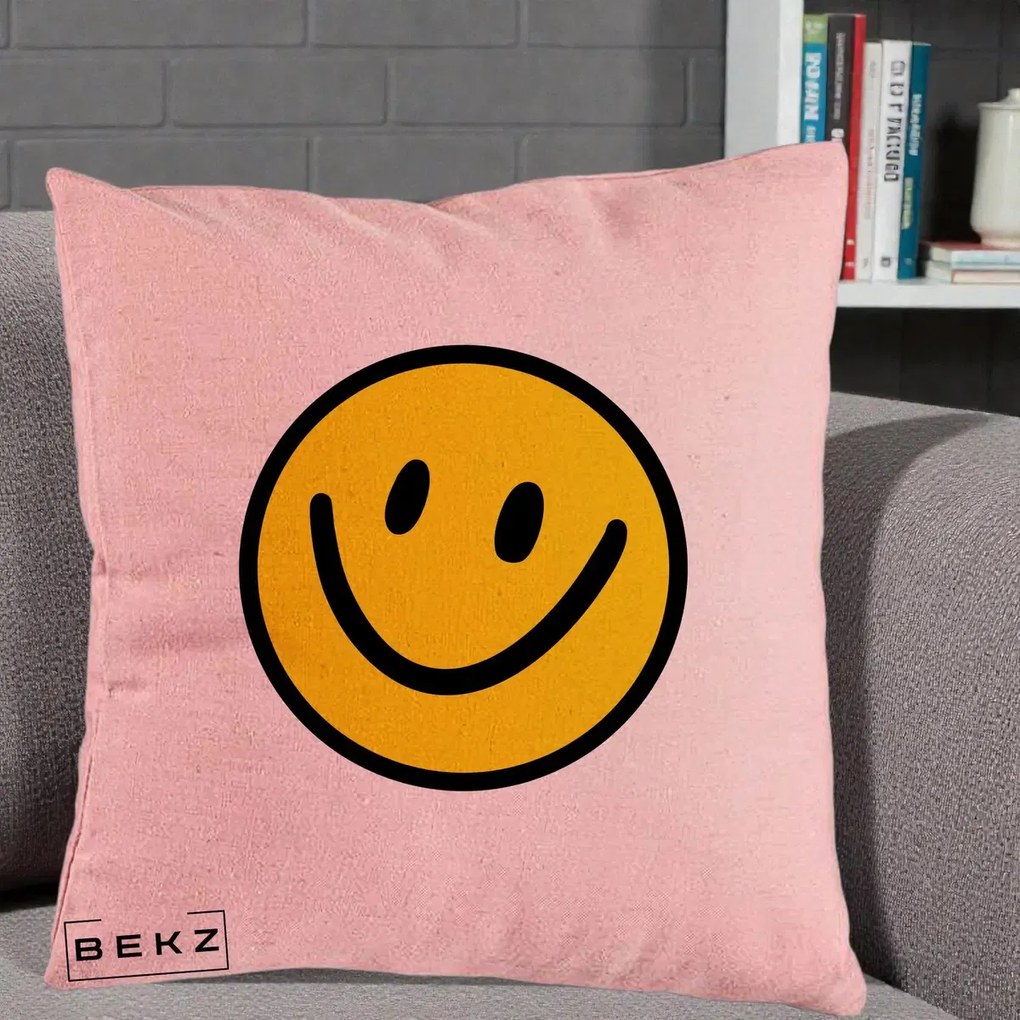 Perna Decorativa Smiley Face Galben Clasic, 40x40 cm, Roz, Husa Detasabila, Perna Inclusa, BEKZ®