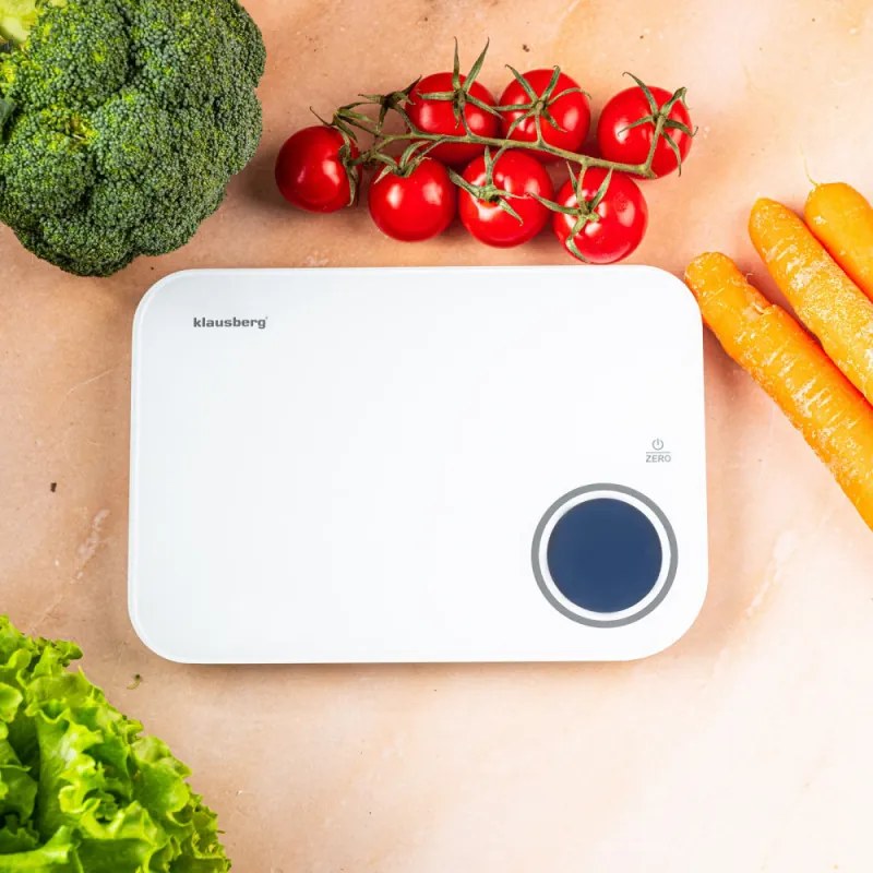 Cântar de bucătărie inteligent pentru măsurarea caloriilor Klausberg KB 7938, 5 kg, Bluetooth, aplicație mobilă, ecran LCD, funcție TARE, 4 afișaje, lichide, indicatoare, alb/albastru