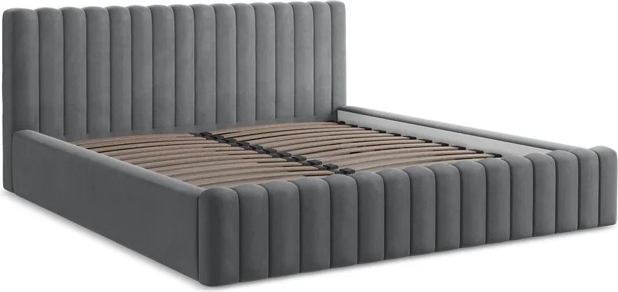 Pat matrimonial gri tapițat cu spațiu de depozitare cu somieră 140x200 cm Lemi – Makamii
