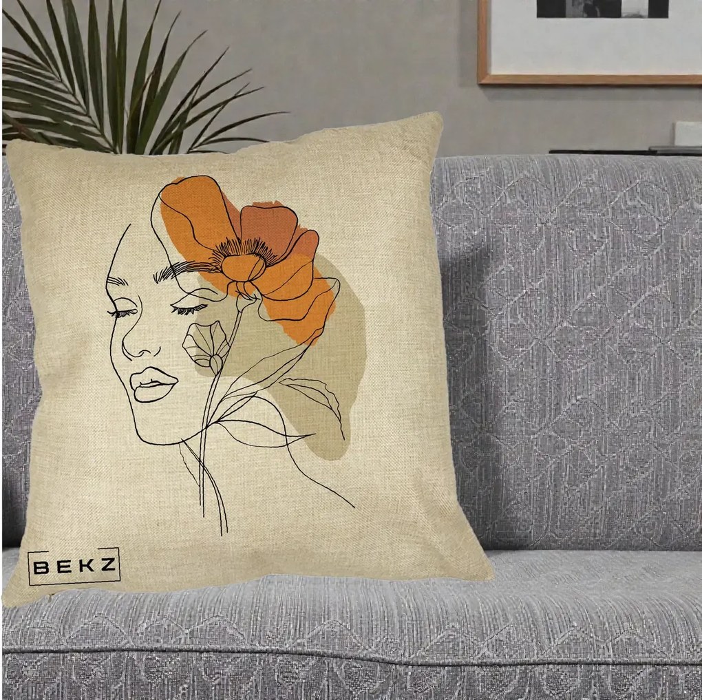Perna Decorativa Portret Feminin Mac Mare Portocaliu, 40x40 cm, Crem, Husa Detasabila, Perna Inclusa, BEKZ®