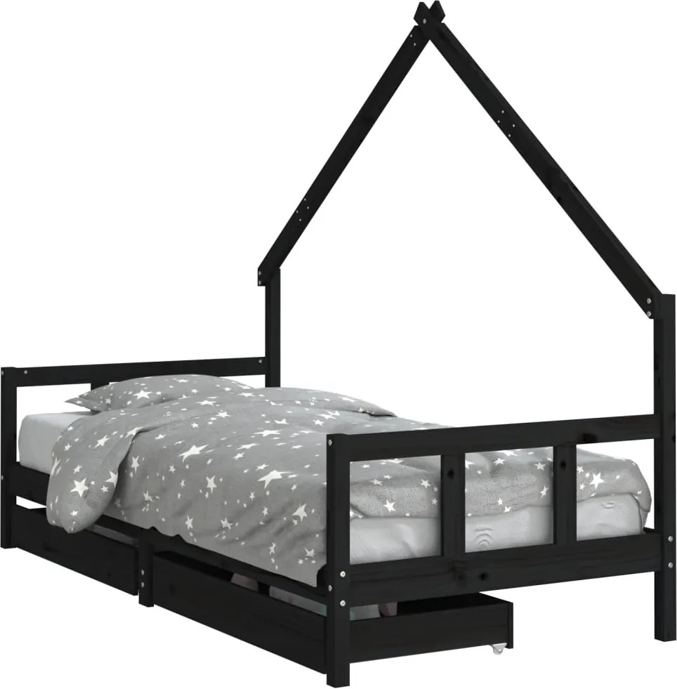 vidaXL Cadru de pat copii cu sertare, negru, 90x200 cm, lemn masiv pin