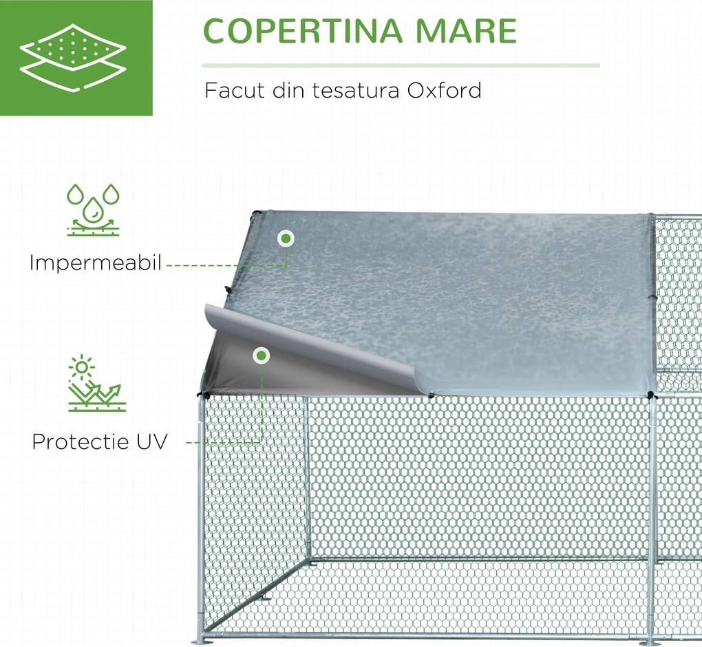 PawHut Coteț Găini Metal Galvanizat Copertină UV Spațiu Amprent 300x400x195cm Argintiu | Aosom Romania