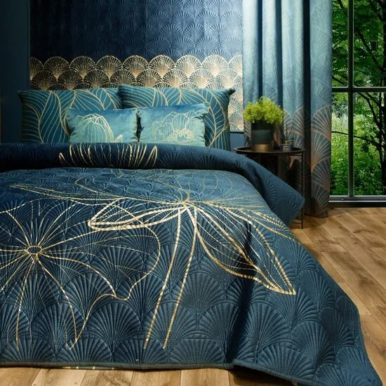 Cuvertură de pat de design LOTOS albastru cu motive aurii Lăţime: 220 cm | Lungime: 240 cm