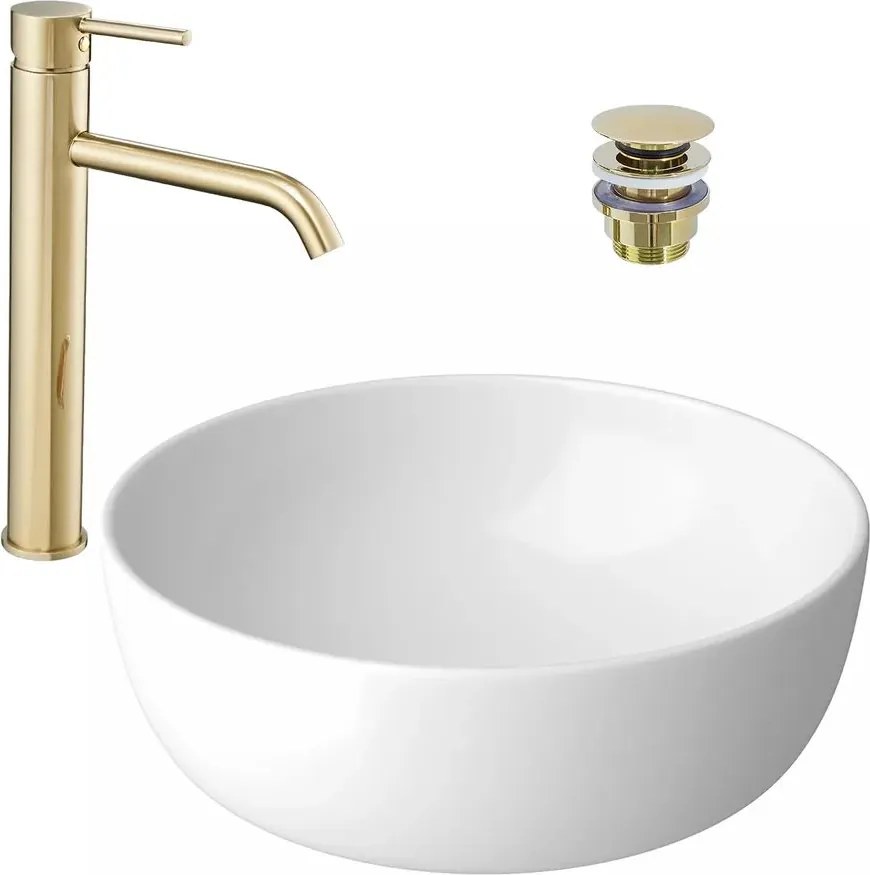 Pachet lavoar pe blat Cersanit Moduo alb 40 cm, baterie lavoar Rea Lungo auriu si ventil lavoar Click-Clack auriu