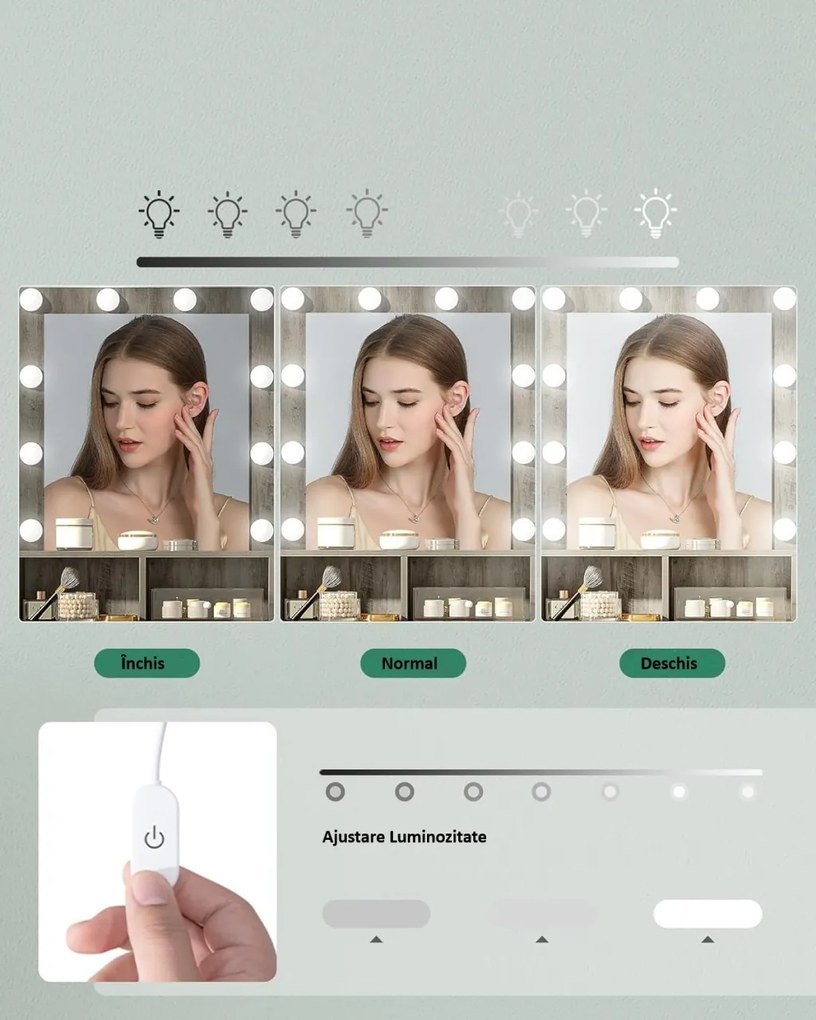 SEG19 - Set Masa toaleta 80 cm, cosmetica, machiaj, oglinda cu LED, masuta vanity, make-up - Gri / Alb / Negru