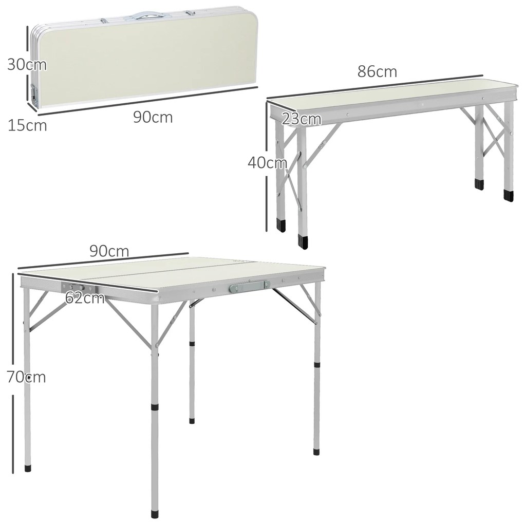 Outsunny Masă Pliabilă de Picnic cu 2 Bănci, Masă de Camping din 3 Piese cu Masă și Scaune din MDF și Aluminiu, 90x62x70 cm, Argintiu | Aosom Romania