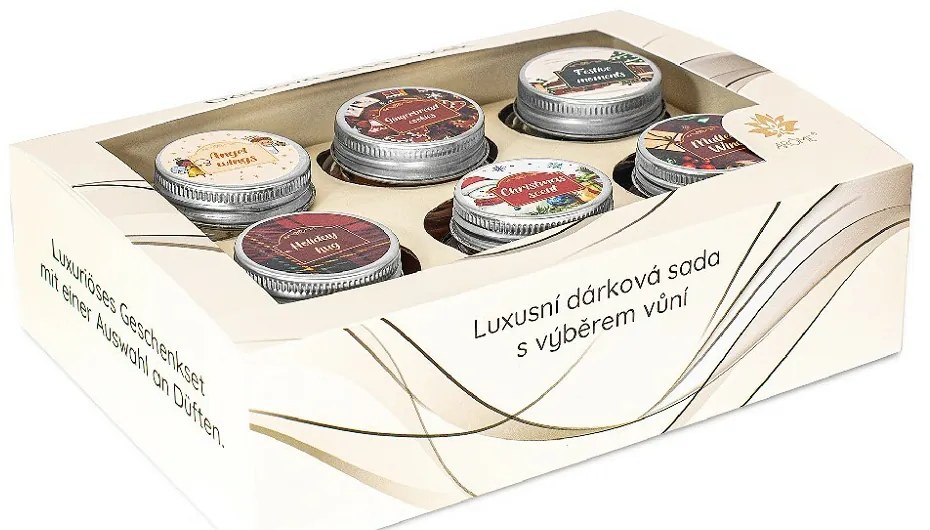 Set de lumânări aromate cu felicitare 28 g încutie cadou, Winter, mix 6 bucăți