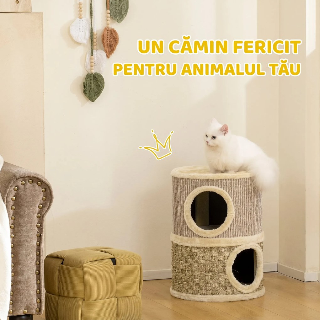 PawHut Căsuță pentru Pisici cu Stâlp de Zgâriat, Tip Turn, 2 Culcușuri, Sisal și Iarbă de Mare, Margini din Pluș, Kaki | Aosom Romania