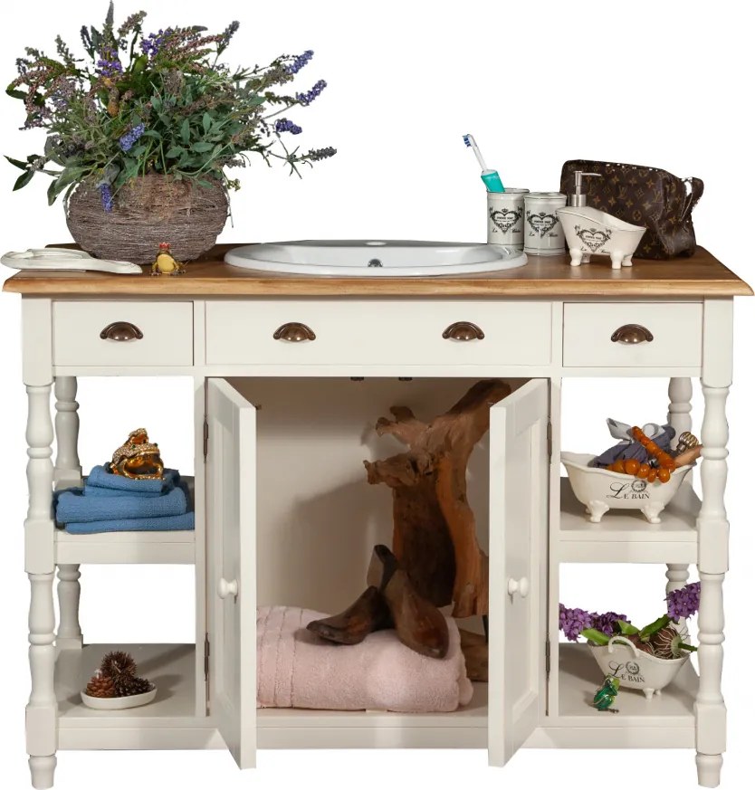 Mobilier de baie din lemn masiv, lavoar ceramica , alb antichizat  natur, L128x54xH92 cm