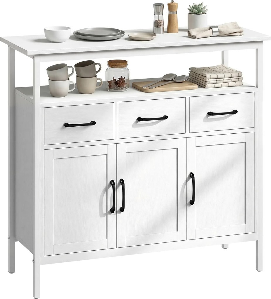 HOMCOM Bufet bucătărie, mobilier de depozitare, 3 uși, 3 sertare, compartiment deschis și rafturi reglabile, 95x35x88cm, alb | Aosom Romania