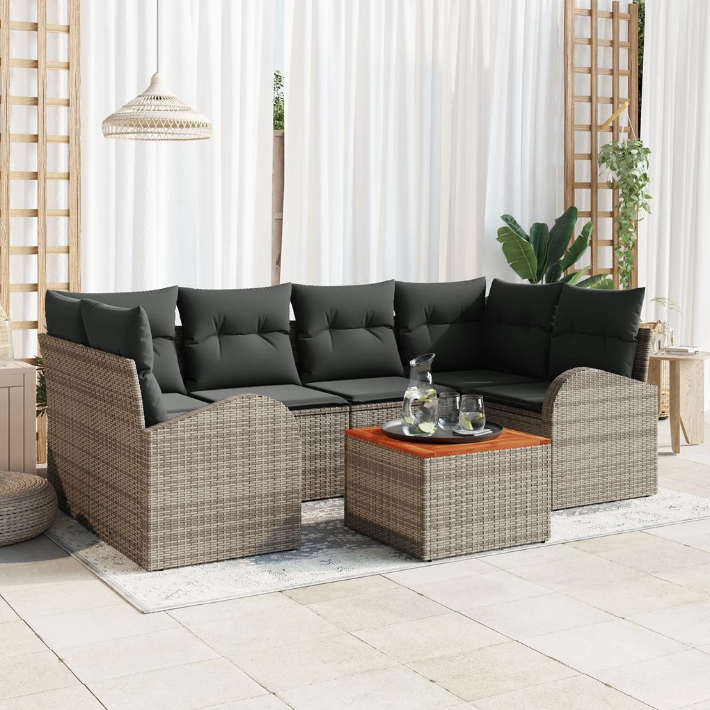 vidaXL Set de canapea de grădină de 7 piese cu perne gri din ratan poli acacia