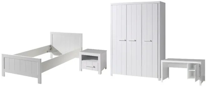Set Mobilier Cameră Copii ERIK: Pat 90x200 cm, Dulap 3 Uși, Birou și Noptieră, Alb – Vipack