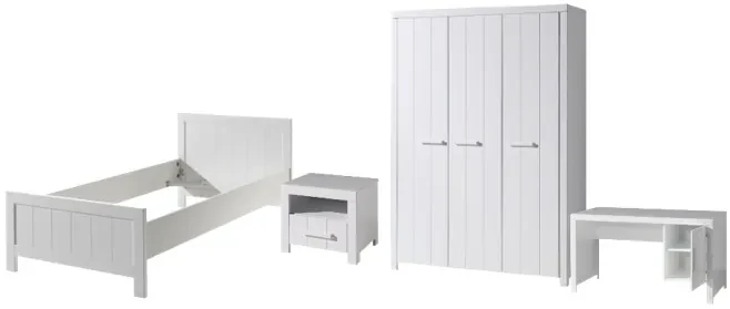 Set Mobilier Cameră Copii ERIK: Pat 90x200 cm, Dulap 3 Uși, Birou și Noptieră, Alb – Vipack