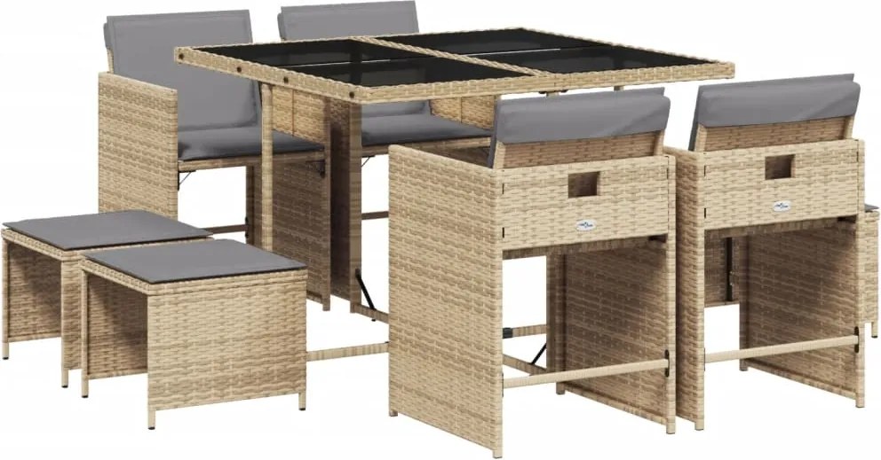 vidaXL Set de masă pentru grădină, 9 piese, cu perne, bej, poliratan