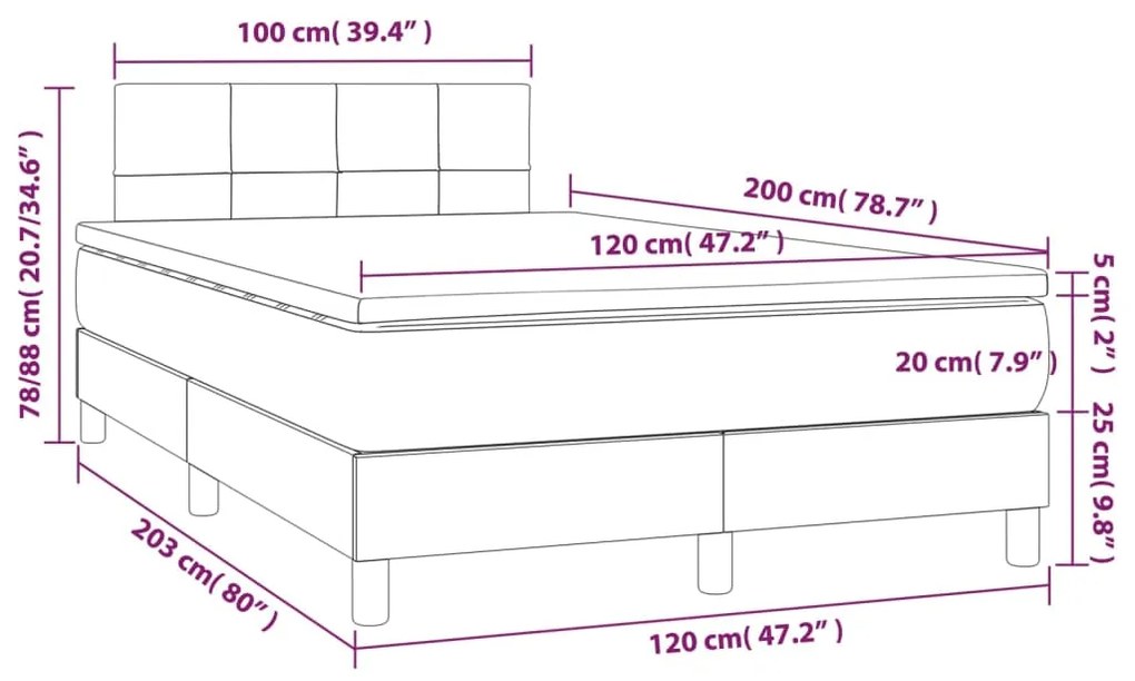 Pat cu arcuri, saltea si LED, crem, 120x200 cm, textil Crem, 120 x 200 cm, Cu blocuri patrate