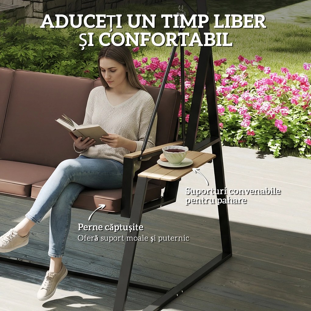 Outsunny Balansoar de Grădină cu 3 Locuri și Acoperiș Reglabil, Balansoar de Exterior din Metal cu Tăvi pentru Băuturi, Perne Imbătute, Capacitate 360kg, pentru Terasă sau Balcon, 222x131x175 cm, Maro | Aosom Romania