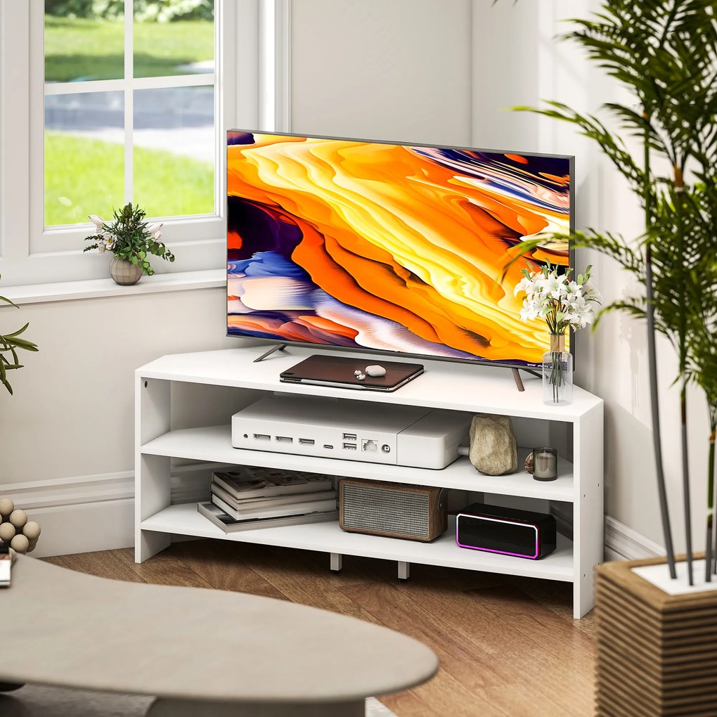 HOMCOM Comodă TV de Colț 47" max cu 2 Rafturi Deschise din Lemn Alb | Aosom Romania