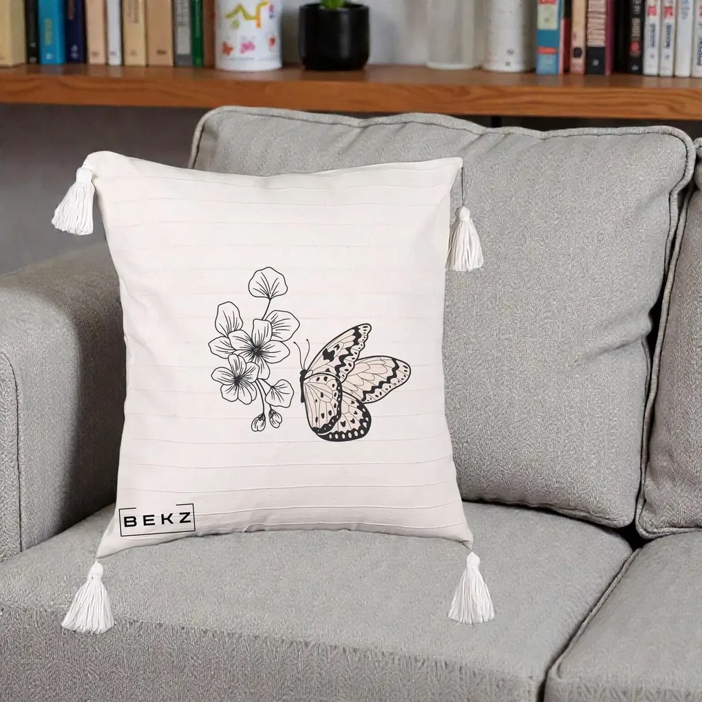 Perna Decorativa Fluture si Flori Linie Monocroma, 40x40 cm, Bej cu Franjuri, Husa Detasabila, Perna Inclusa, BEKZ®