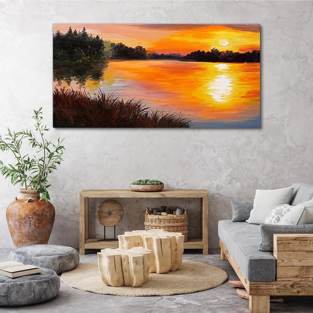 Tablou canvas pădure lac apus de soare