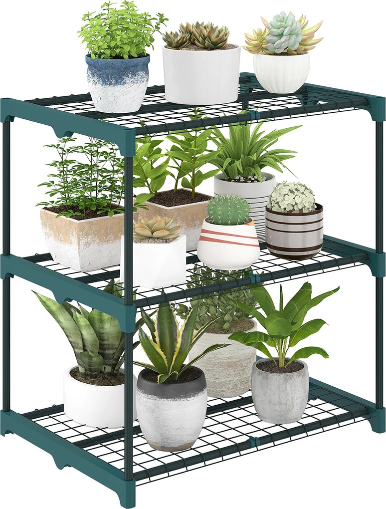 Outsunny Suport pentru plante cu 3 etaje, suport flori de 72 cm pentru interior și exterior, raft pentru plante din oțel Verde închis | Aosom Romania