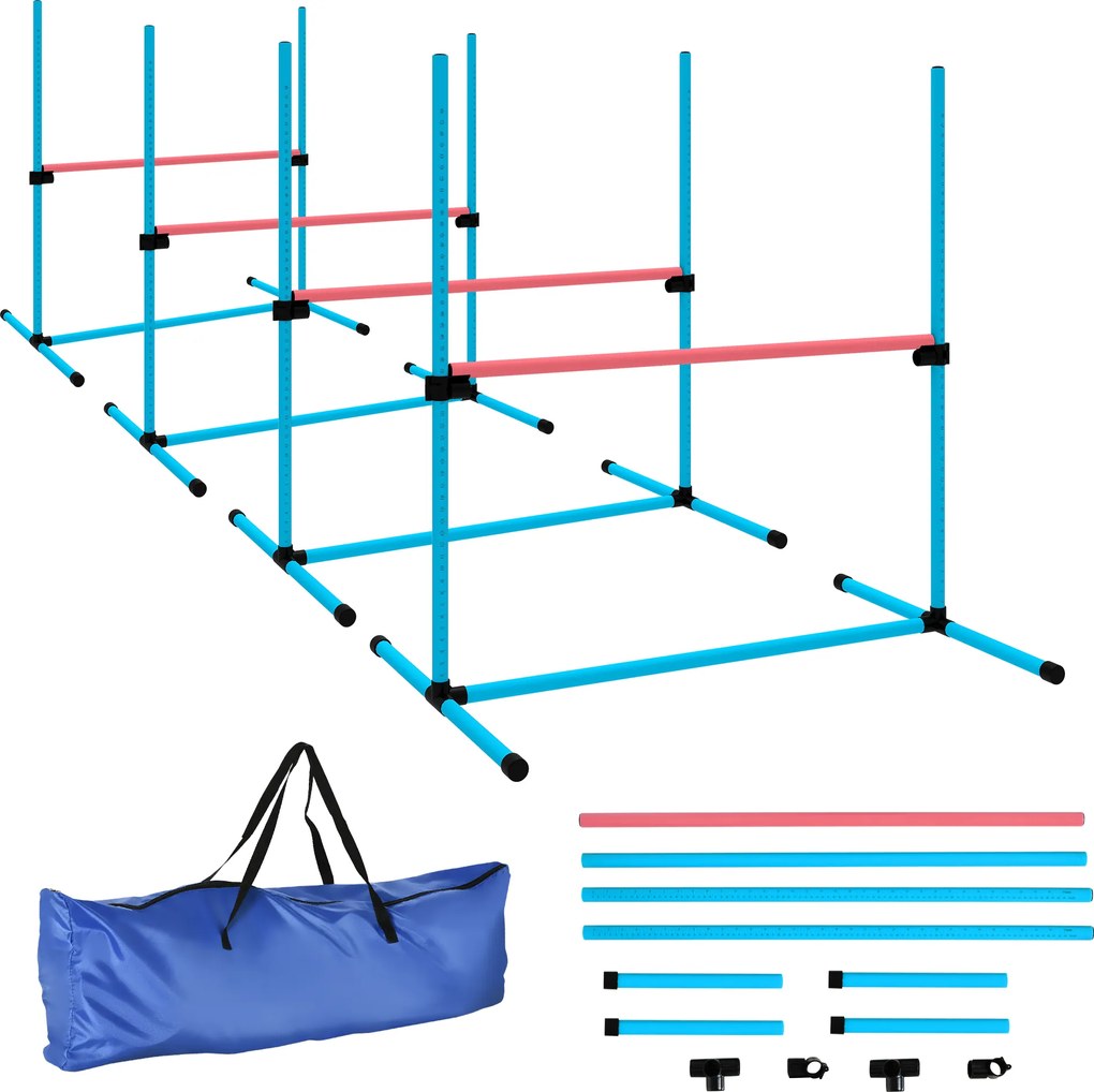 PawHut Set Agility câini 4 piese reglabil pe înălțime, echipament Agility cu 4 obstacole, geantă de transport, 99 x 65 x 94 cm, albastru deschis | Aosom Romania