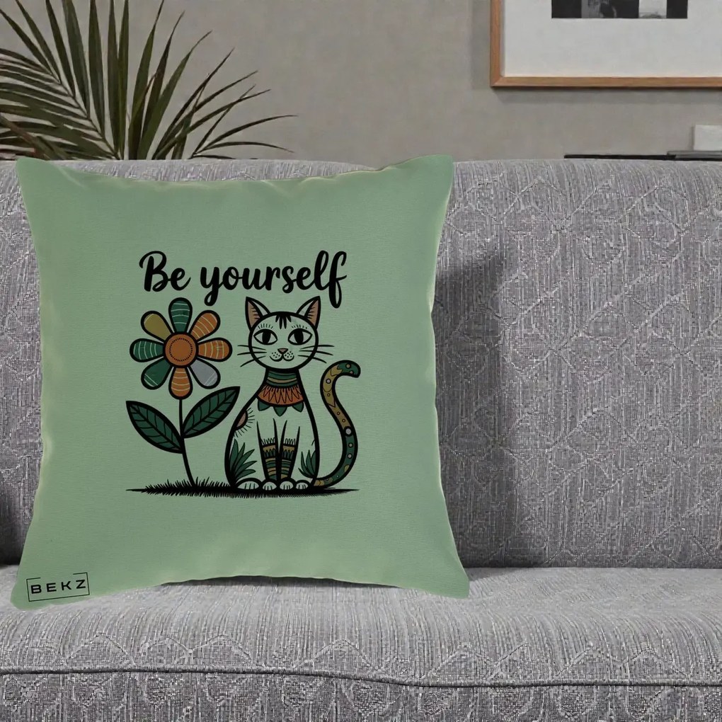 Perna Personalizata Be Yourself Pisica Folk, 40x40 cm, Verde, Husa Detasabila, Perna Inclusa, BEKZ®