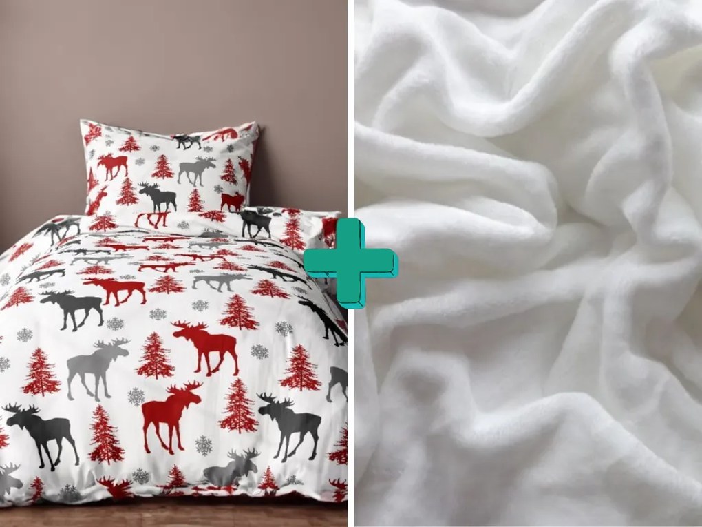 Lenjerie de pat flanel CHRISTMAS LOS alb + cearceaf microplush SOFT 90x200 cm alb