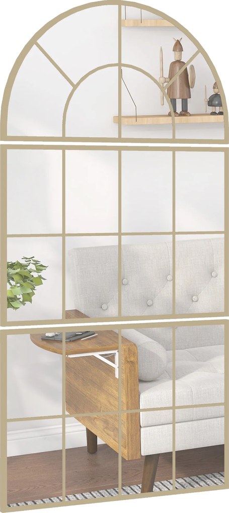 HOMCOM Oglindă de perete arcuită oglindă de perete în formă de fereastră set de 3 piese cadru din metal 76 x 150 cm auriu | Aosom Romania