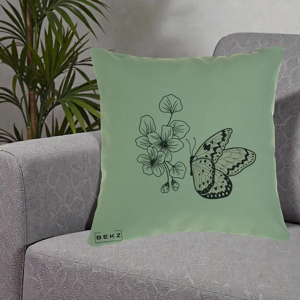 Perna Decorativa Fluture si Flori Linie Monocroma, 40x40 cm, Verde, Husa Detasabila, Perna Inclusa, BEKZ®