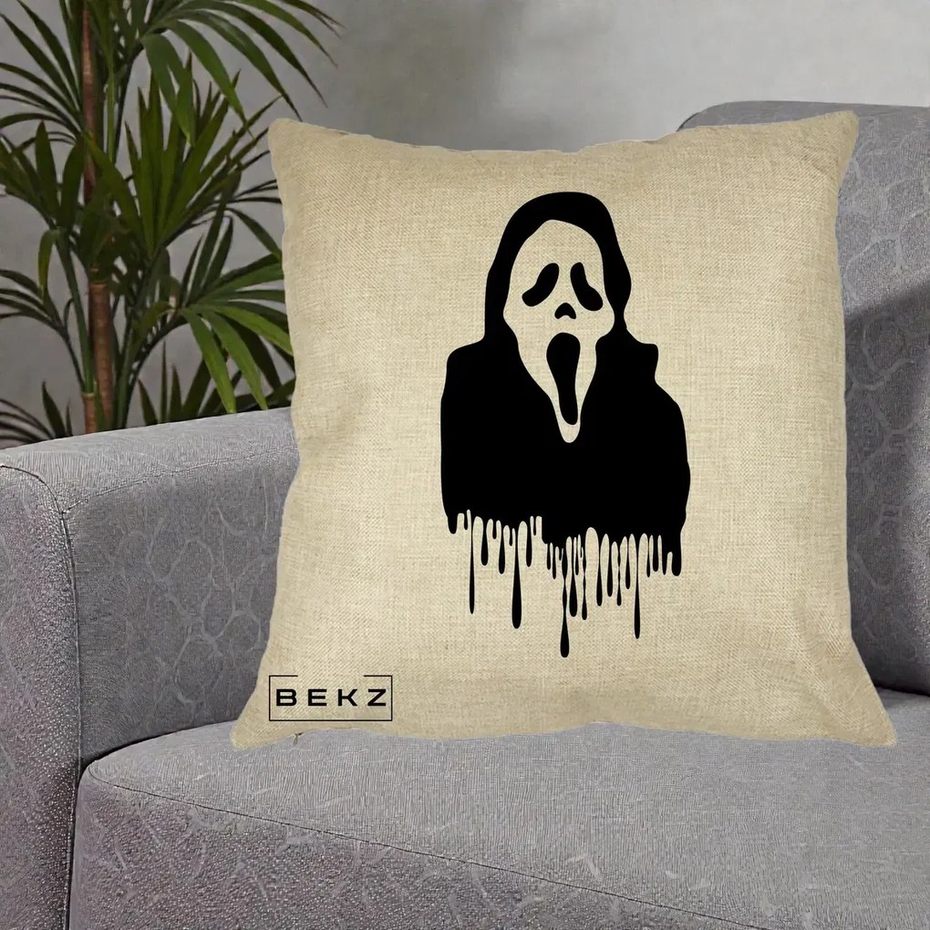 Perna Personalizata Halloween Ghostface Scream Picurand, 40x40 cm, Crem, Husa Detasabila, Perna Inclusa, BEKZ®