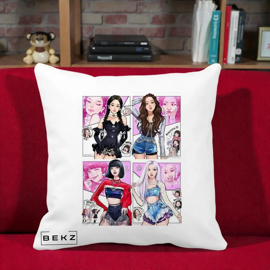 Perna Personalizata K-pop BLACKPINK Fanart Manga Benzi Desenate 4 Membre, 40x40 cm, Alba Mata, Husa Detasabila, Perna Inclusa, BEKZ®