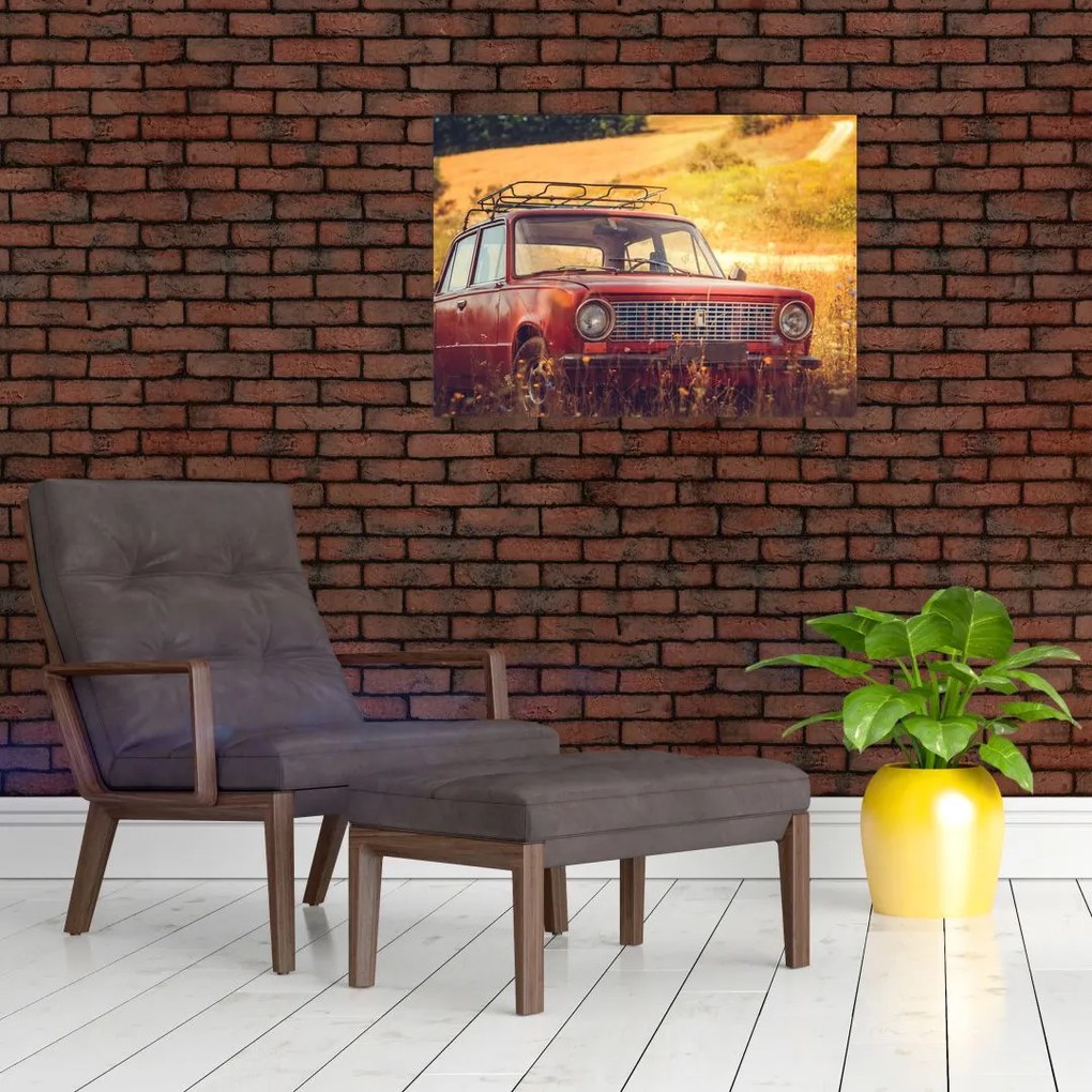 Tablou pe sticlă cu mașină în câmp (70x50 cm)