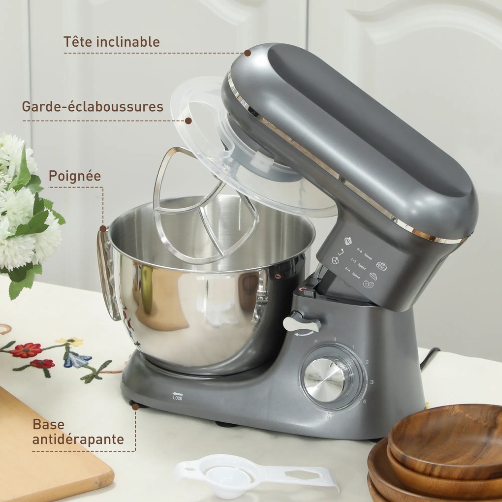 HOMCOM Robot de patiserie 1300 W, robot pentru frământat profesional 4,5 L, bol din oțel inoxidabil, 6+P viteze și funcție pulse, argintiu | Aosom Romania