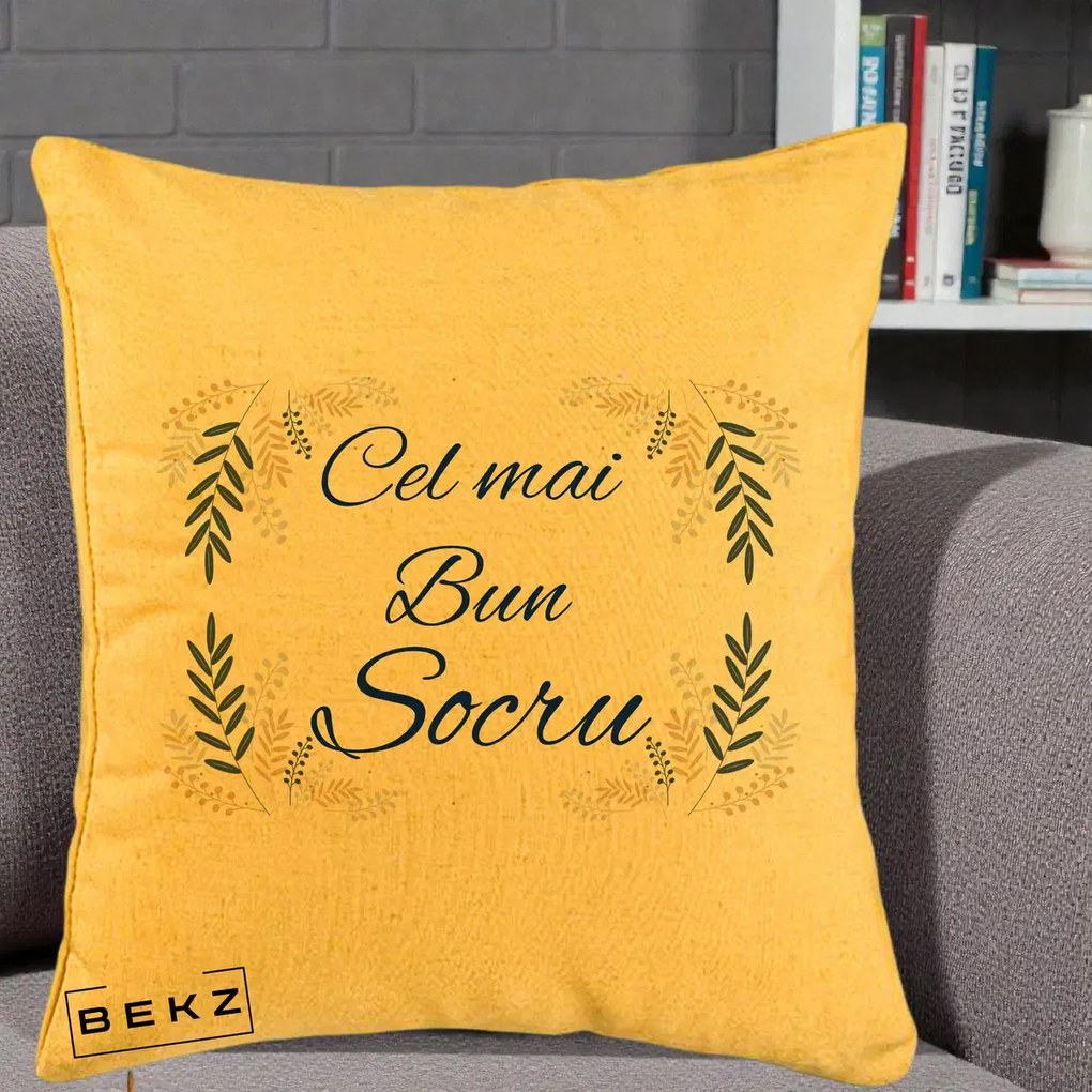 Cadou pentru Socru - Perna Personalizata Cel mai Bun Socru cu Ramuri Frunze Albastre si Aurii, 40x40 cm, Galben, Husa Detasabila, Perna Inclusa, BEKZ®