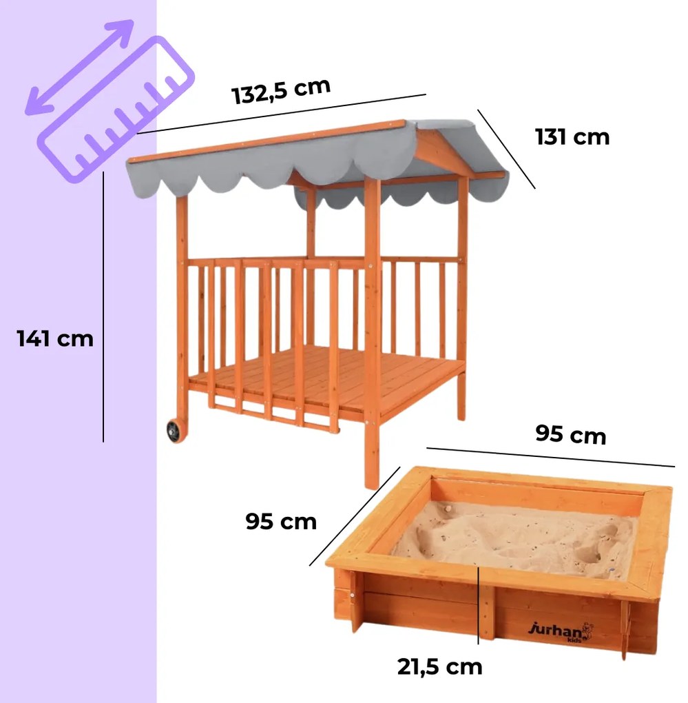 Zonă cu nisip și verandă HAPPY, 130 x 130 x 143 cm, din masiv de pin, maro gri Jurhan