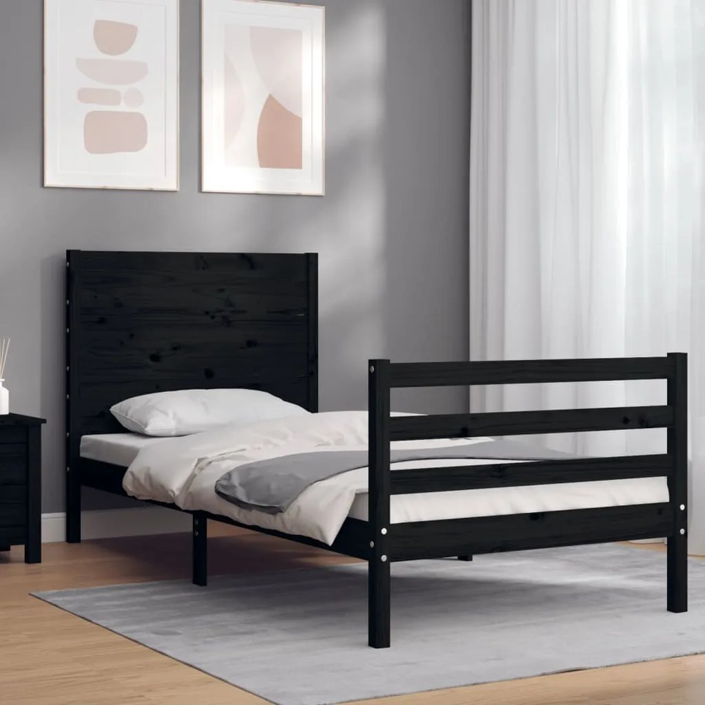 3194625 vidaXL Cadru de pat cu tăblie, negru, 90x200 cm, lemn masiv