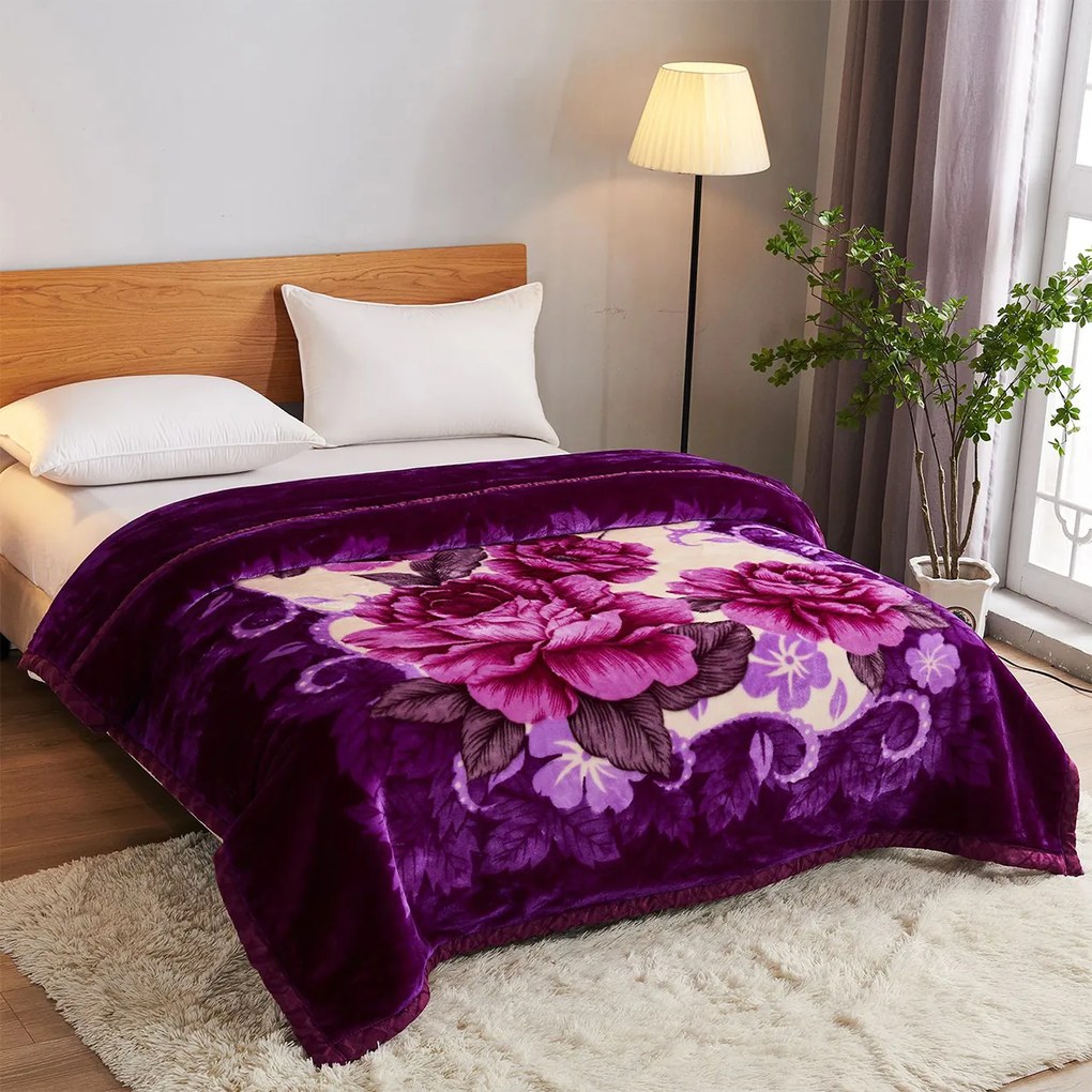 Pătură Cocolino dublă, mov cu flori mari, 200x230 cm, PDD02
