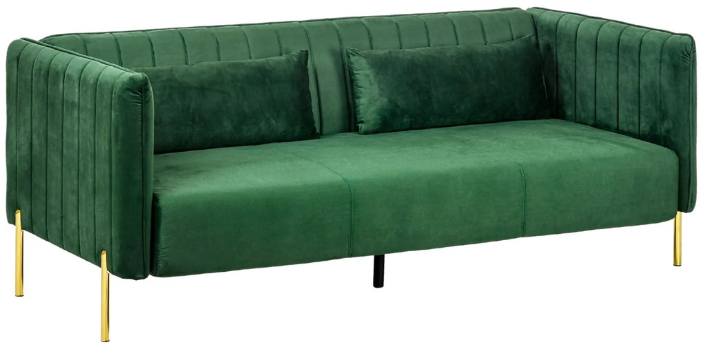 HOMCOM Canapea 3 Locuri Economie de Spatiu cu Perne Capitonate, Canapea Moderna cu Picioare din Otel si Tesatura din Catifea, 195x88x76 cm, Verde