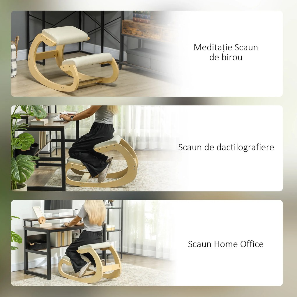 HOMCOM Scaun Ergonomic Postural din Material Textil, Scaun pentru Genunchi cu Mișcare de Legănare, 55x85x55 cm, Alb Crem | Aosom Romania