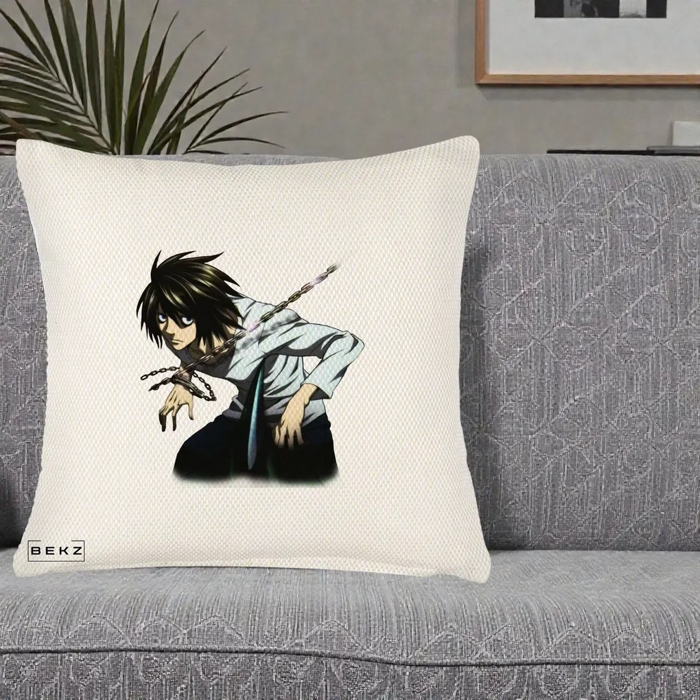 Perna Personalizata Death Note L Lawliet Lanturi, 40x40 cm, Crem Reliefat, Husa Detasabila, Perna Inclusa, BEKZ®