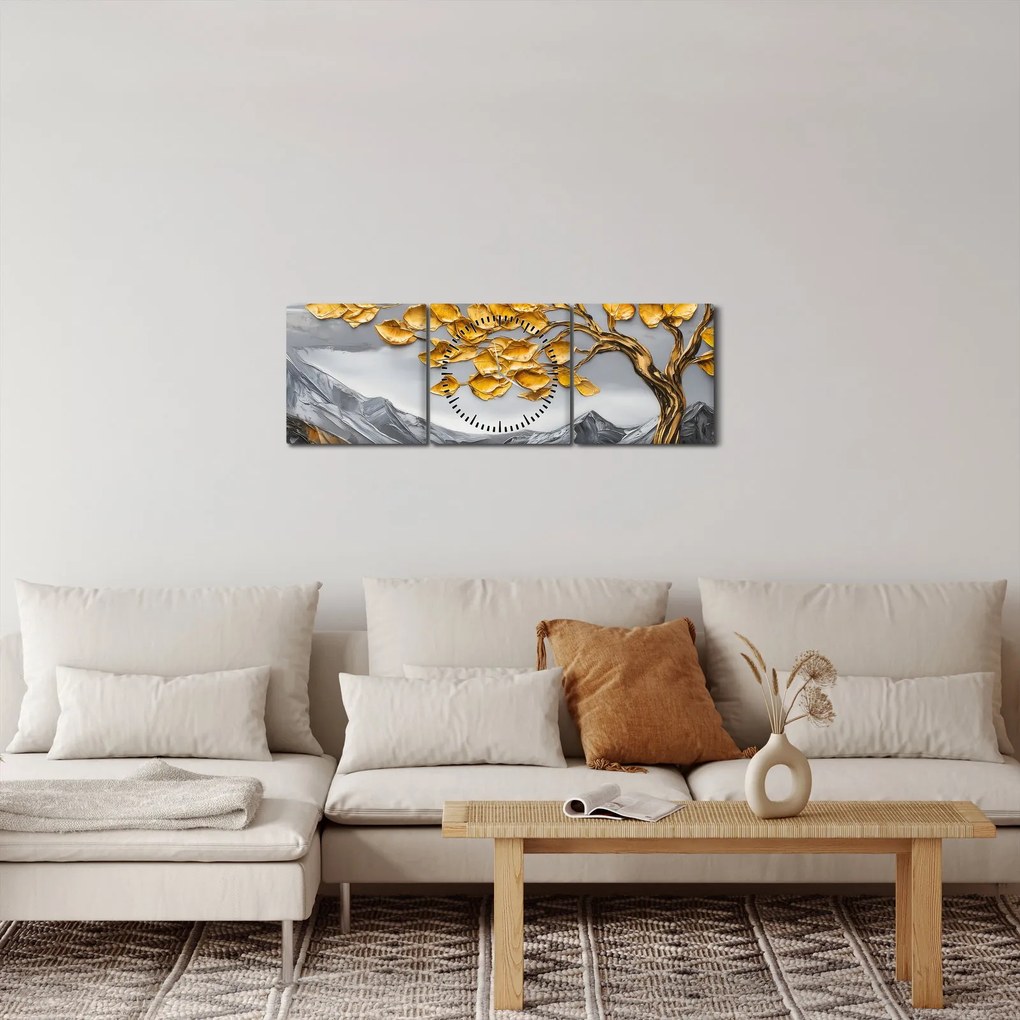 Tablou – Arbore cu frunze aurii (cu ceas) (90x30 cm)