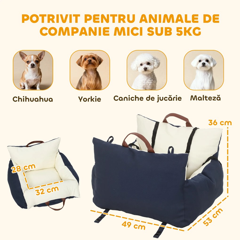 Scaun Auto PawHut pentru Câini Mici cu Lesă de Siguranță, Detașabil și Lavabil, Albastru | Aosom Romania