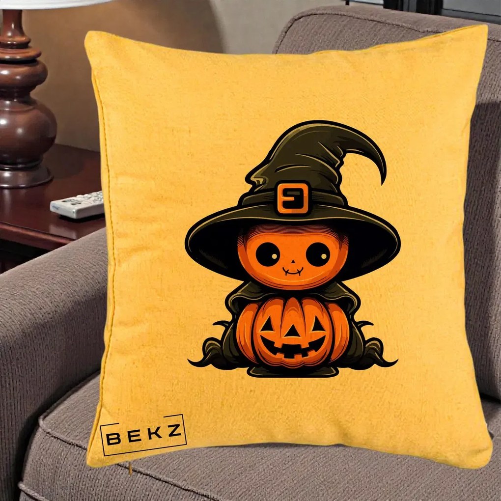 Perna Decorativa Halloween Dovleac Vrajitor Kawaii, 40x40 cm, Galben, Husa Detasabila, Perna Inclusa, BEKZ®