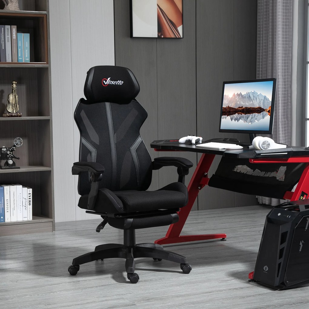 Vinsetto Scaun Gaming cu Suport pentru Picior Retractabil Scaun de Birou Rotativ Reclinabil cu Suport pentru Cap și Înălțime Ajustabilă 65x65x119-129 cm Negru | Aosom Romania