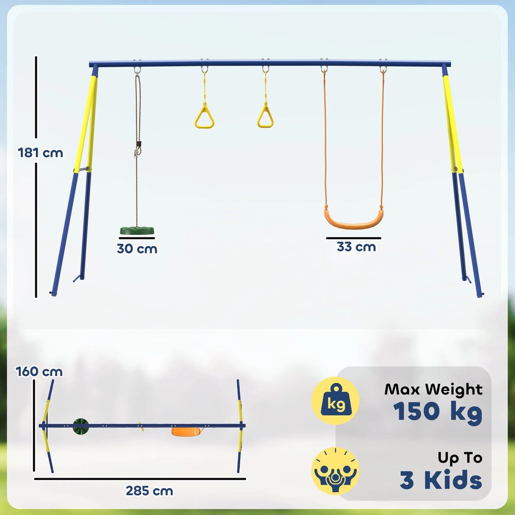 AIYAPLAY Set Leagăn de Grădină 3 în 1 pentru Copii cu Leagăn în Picioare, Inele Gimnastice, Cadru A din Oțel, Leagăne Duble pentru Copii, Capacitate 150kg, Exterior, 3-8 Ani, 285x160x181 cm | Aosom Romania