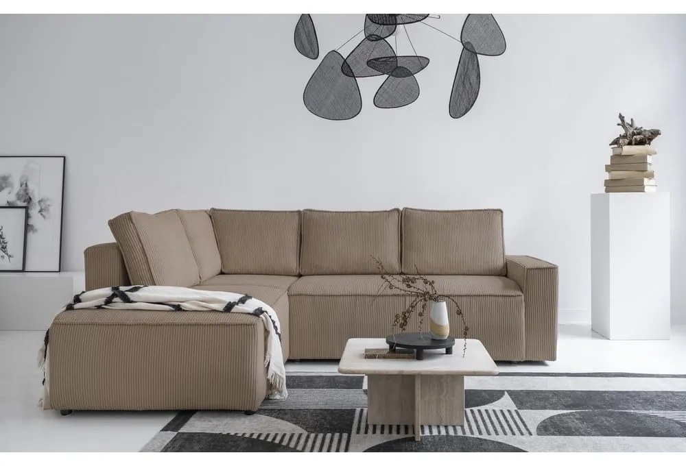 Colțar bej extensibil cu tapițerie din catifea reiată (cu colț pe partea stângă ) Brave Dave – Miuform