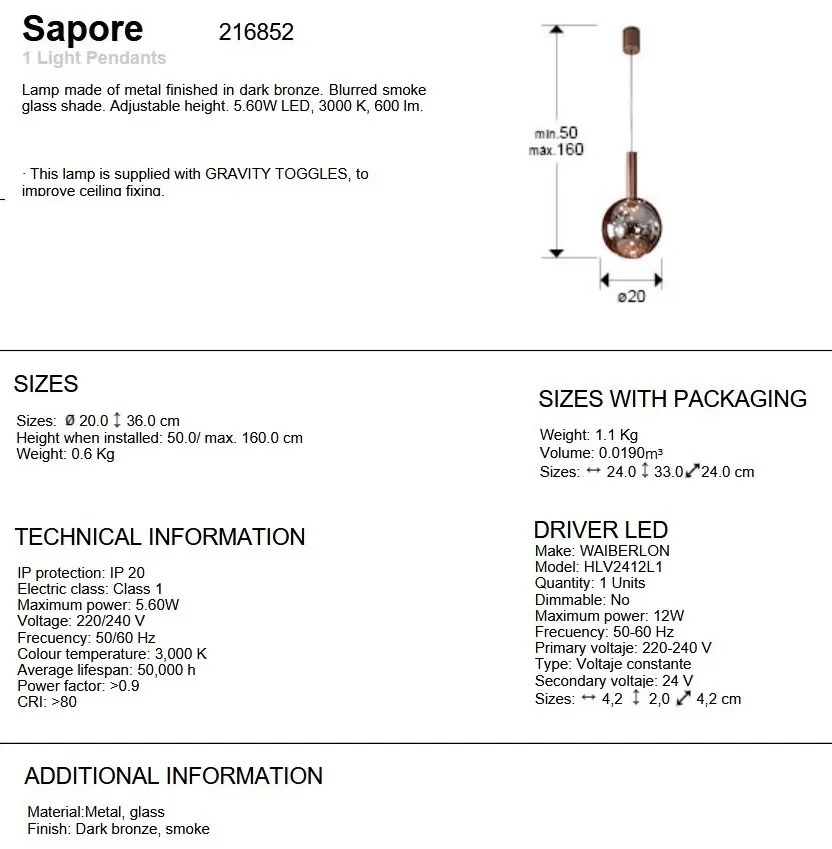 Pendul bronz inchis cu sticla fumurie LED Sapore