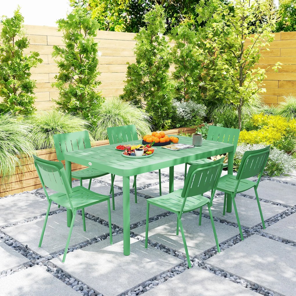 Outsunny Masă de grădină exterioară cu 6 scaune, placă cu lamele 150 cm, structură din oțel rezistent la rugina, verde | Aosom Romania